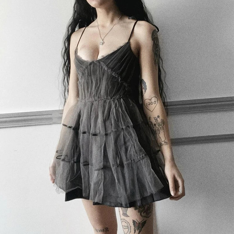 Dark Gothic Elegant Dress Women Emo Alt Vintage Mesh Patchwork Lace Up High Waist Dress Y2k Harajuku Mall Goth Partywear