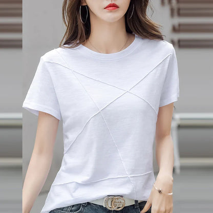Summer Slim Cotton Bamboo T-Shirts Women 2026 O-Neck Short Sleeve Ribbed Tshirts Female Casual Solid Color Tops