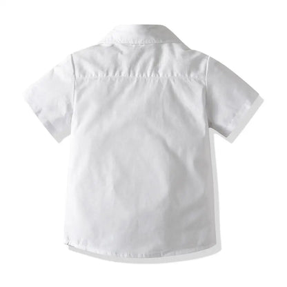 Ring Bearer Boy Bow Gentleman Party Clothes White Shirt + Navy Shorts+Suspenders Kids Children Wedding Outfits Short Sleeve Sets