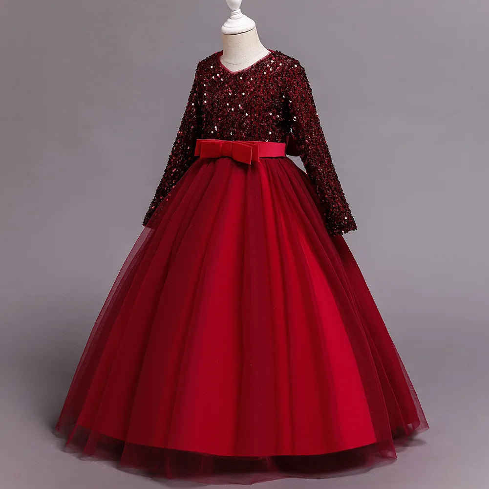 Princess Mesh Dress 4-14y Girl Christmas Winter Party Clothing Kids Sequin Wedding Dresses Children Spring Autumn Prom Costume