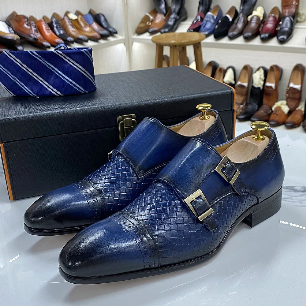 Classic Mens Dress Shoes Genuine Leather Double Buckle Monk Strap Cap Toe Blue Black Wedding Business Formal Suit Shoes for Men