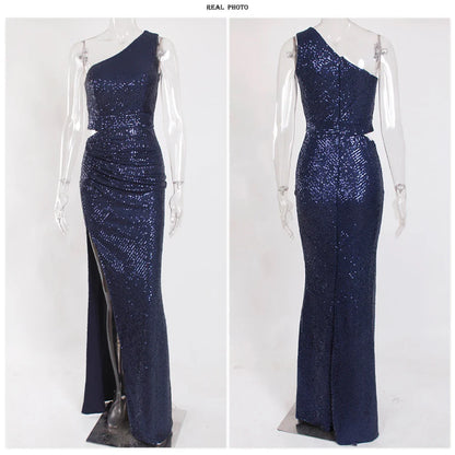 Vestido de Festa de Um Ombro Plissado Vazado com Fenda e Lantejoulas Sem Mangas para Mulheres Vestidos de Noite de Baile Verão 2025