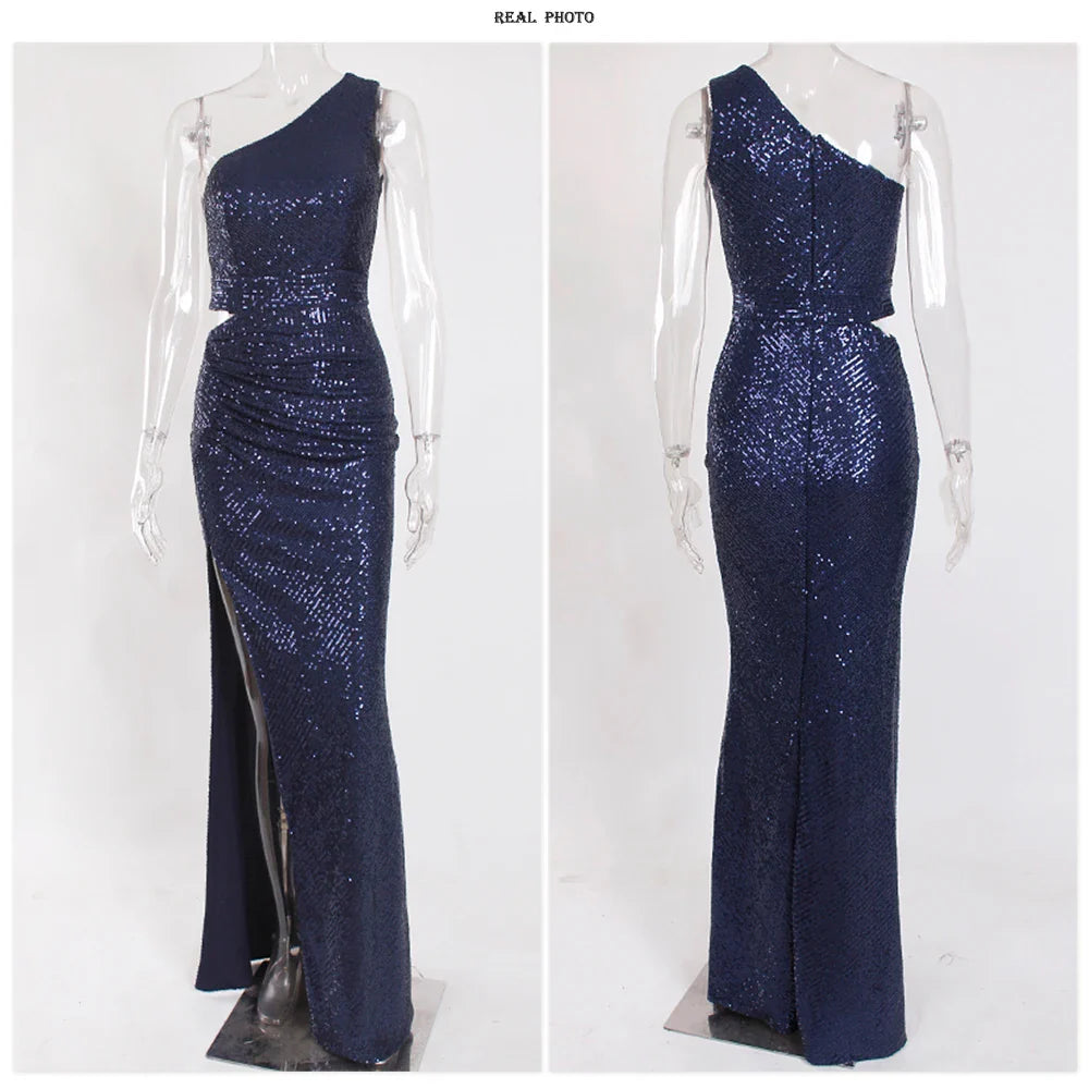 Silver One Shoulder Hollow Out Sequin Cocktail Dress Luxury Pleated Slit Padded Sleeveless Women Party Evening Dresses