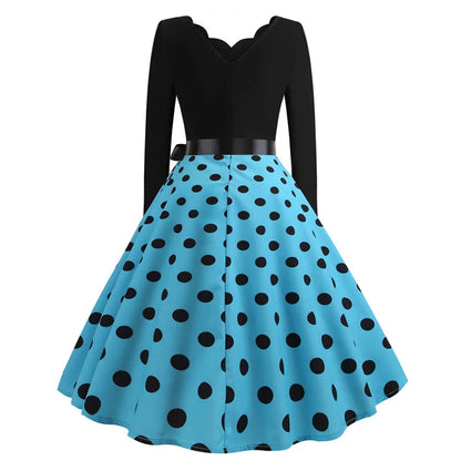 Women Vintage Long Sleeve Polka Dot Dress Spring Autumn New Year Party Dresses 3XL Black Vestidos