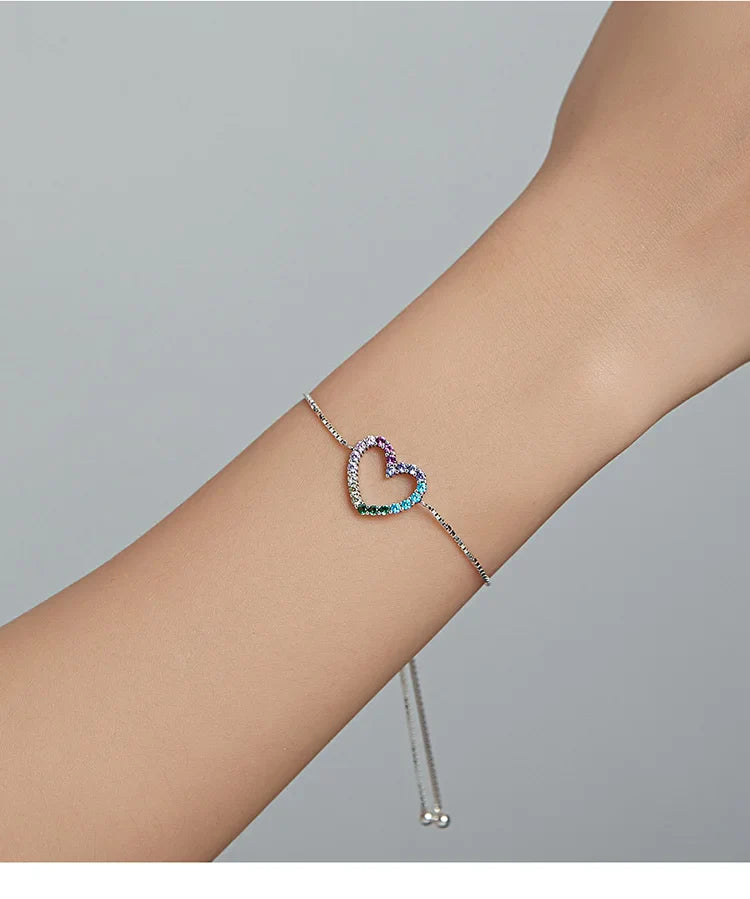 925 Sterling Silver Colorful Heart Pattern Adjustable Bracelet Love Zircon Chain for Women Fine Jewelry SCB216