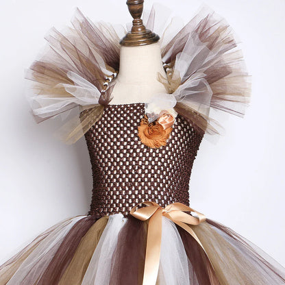 Brown Jungle Lion Costume for Baby Girls Animal Party Fancy Tutu Dress for Kids Halloween Christmas Tulles Outfit with Hairs Bow