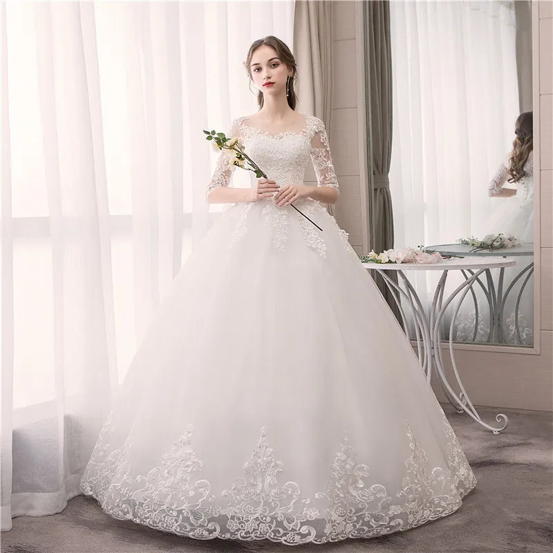 Customized Wedding Dress Embroidery Lace Up Plus Size Custom Made O Neck Wedding Dresses Half Sleeve Ball Gown Robe De Mariee