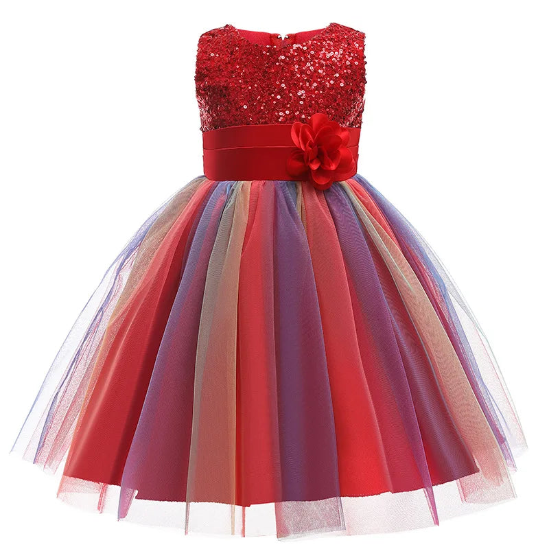 3-12T Sequins Girls  Perform Prom Dress Rainbow Little Princess Piano Banquet Formal Gala Clothes Wedding Sequins Evening Dress