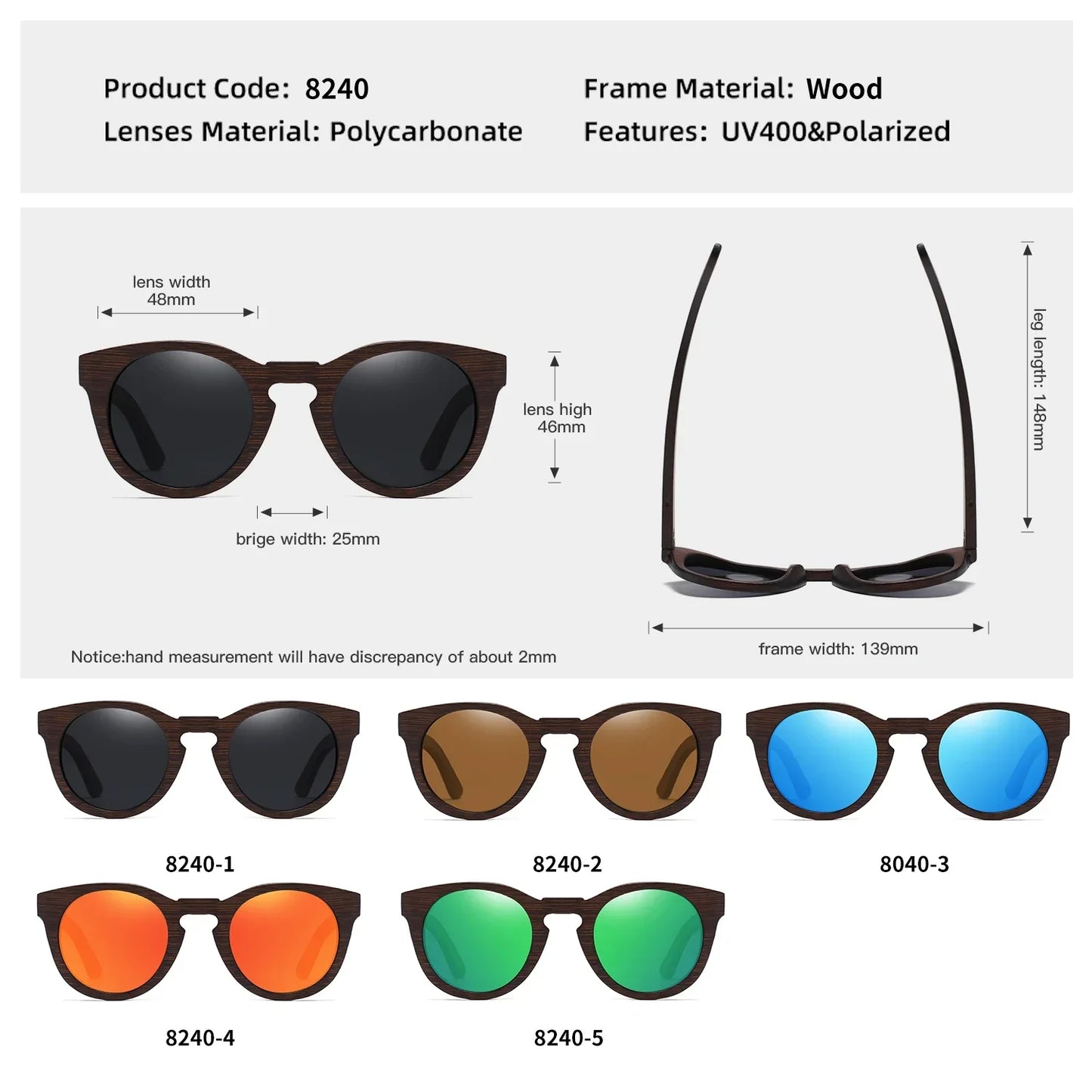 Desgin Spring New Style 100% Bamboo Polarized Sunglasses Men Women Fashion Glasses UV400 paper Box 8240