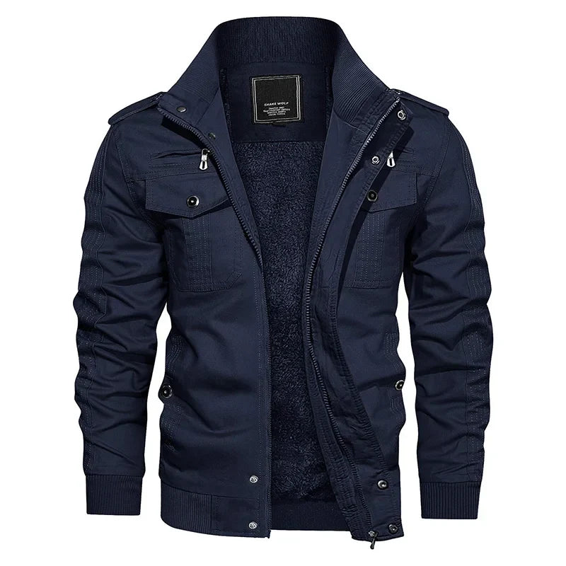 Men's Fleece Jackets Windbreaker Coats Fall Winter Thermal Bomber Jackets Multi-pockets Stand Collar Motorcycle Jacket