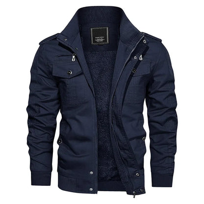 Men's Fleece Jackets Windbreaker Coats Fall Winter Thermal Bomber Jackets Multi-pockets Stand Collar Motorcycle Jacket