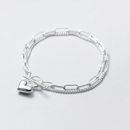 100% 925 Sterling Silver Sweet Hearts Chain Link Two Layer Classic Basis Bracelet Bangle for Women Fashion Fine Jewelry