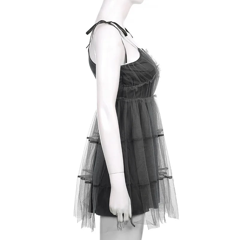 Dark Gothic Elegant Dress Women Emo Alt Vintage Mesh Patchwork Lace Up High Waist Dress Y2k Harajuku Mall Goth Partywear