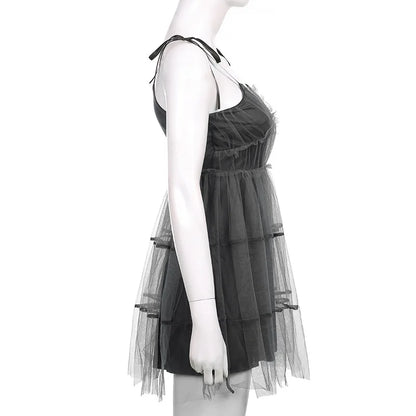Dark Gothic Elegant Dress Women Emo Alt Vintage Mesh Patchwork Lace Up High Waist Dress Y2k Harajuku Mall Goth Partywear