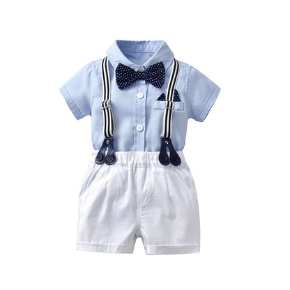 Solid Newborn Baby Boy Outfit Set Bow Formal Gentleman Suit for Toddlers Summer Sky Blue Romper + White Shorts Clothes for Baby
