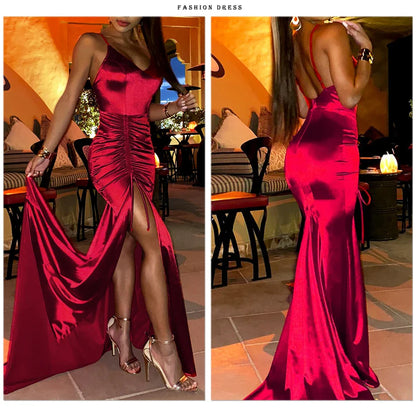 Vestido de Noite Longo Sereia Esmeralda Verde com Cordão Drapeado, Decote V, Fenda e Cetim Elástico para Festa de Casamento Madrinha