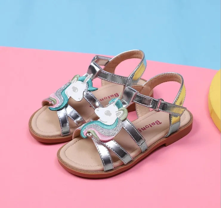 Unicorn girls sandals bright metallic kids girls sandals Adjustable customized fit princess summer shoes