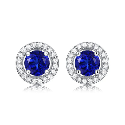 5mm Round Sapphire Halo Earrings for Women 100% 925 Sterling Silver Wedding Stud Earrings Fine Jewelry Plated White Gold Gift