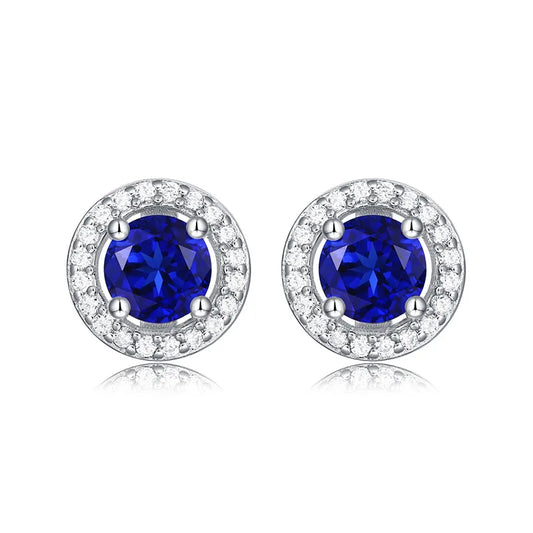 5mm Round Sapphire Halo Earrings for Women 100% 925 Sterling Silver Wedding Stud Earrings Fine Jewelry Plated White Gold Gift