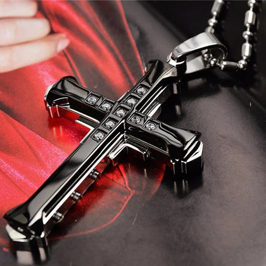 Male Crystal Cross Jesus Pendant Gold/Black/Blue Color Zirconia Necklace Stainless Steel Jewelry