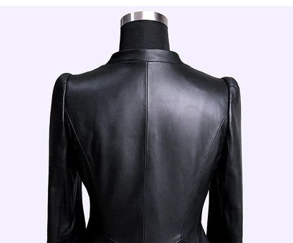 Lautaro Autumn Black Slim Soft Pu Leather Jacket Women Deep V Neck Long Puff Sleeve Elegant Luxury Skirted Blazer Fashion 2021