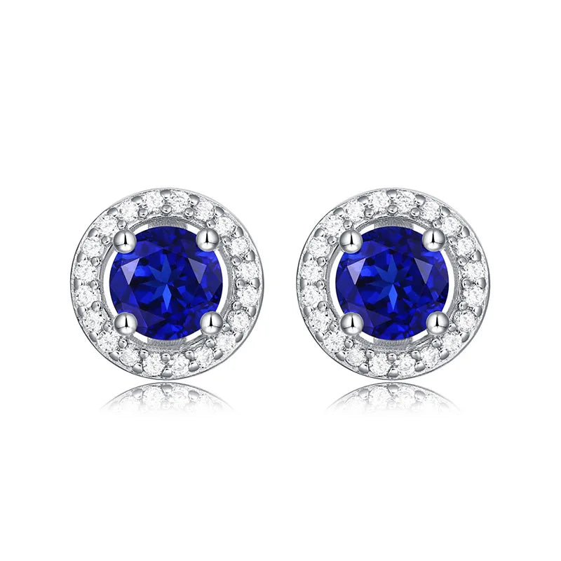 5mm Round Sapphire Halo Earrings for Women 100% 925 Sterling Silver Wedding Stud Earrings Fine Jewelry Plated White Gold Gift