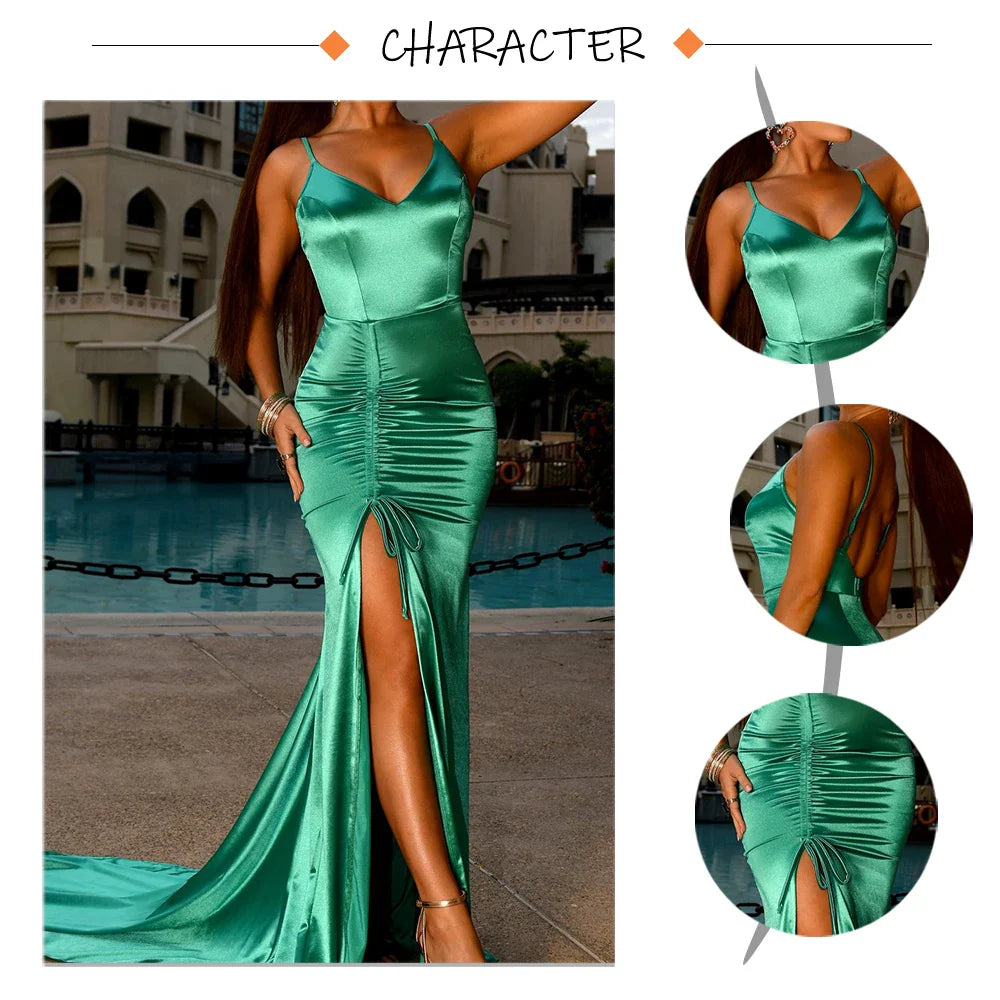 Vestido de Noite Longo Sereia Esmeralda Verde com Cordão Drapeado, Decote V, Fenda e Cetim Elástico para Festa de Casamento Madrinha
