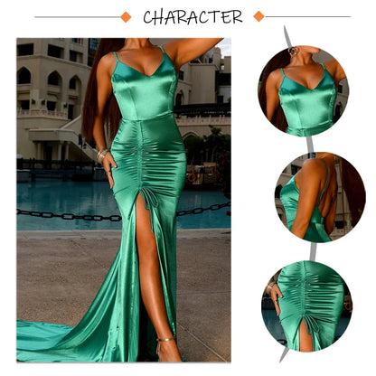 Vestido de Noite Longo Sereia Esmeralda Verde com Cordão Drapeado, Decote V, Fenda e Cetim Elástico para Festa de Casamento Madrinha