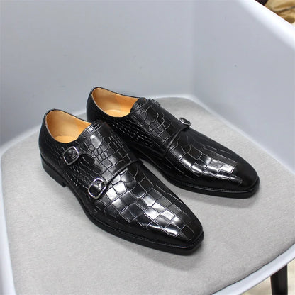 Men's Luxury Italian Real Leather Pointed Toe Double Buckle Formal Business Black Shoes Alligator Print for Business Casual Wear