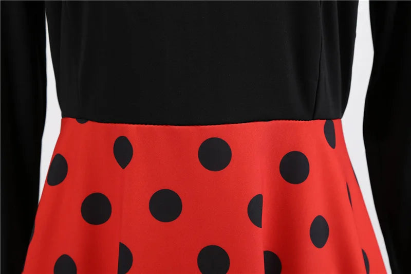 Women Vintage Long Sleeve Polka Dot Dress Spring Autumn New Year Party Dresses 3XL Black Vestidos