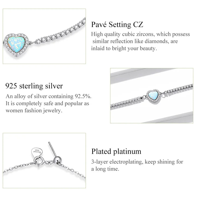 Authentic 925 Sterling Silver Opal Heart-Shaped Pendant Bracelet Fit Women Sterling Silver Jewelry Gift