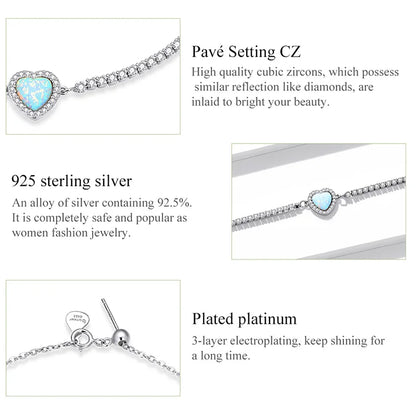 Authentic 925 Sterling Silver Opal Heart-Shaped Pendant Bracelet Fit Women Sterling Silver Jewelry Gift