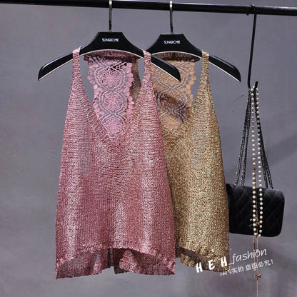 Yan Li  Sexy Shoulders and Heart Leakage Hang Sequined Jacket Neck Lace Knitting Wear Outside Hang Back  Sleeveless Top Women
