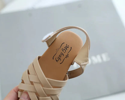 2026 Cross-tied Summer Girls Beach Shoes Classic Black White Pink Roman Sandals Cut-outs Kids Girl Sandals for Children H05144
