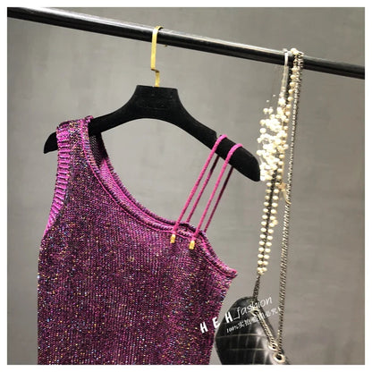Summer New Sexy Inclined Shoulder Joker Sweater Vest Show Thin Shiny Bright Silk Easy Ins Condole Top Female