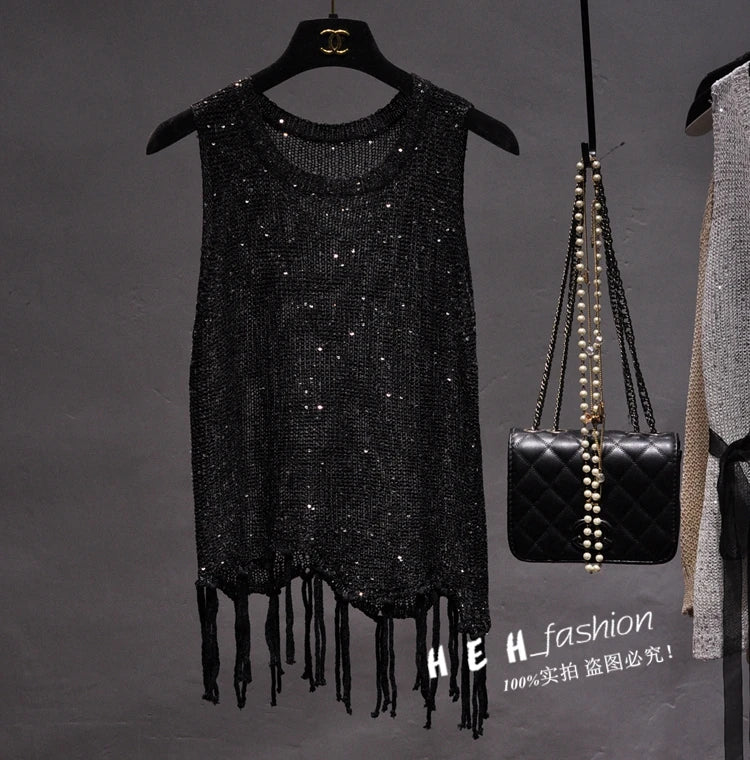 Sexy Shiny Gold Silver Knitted Tank Tops Women Bling Bling Sequined Tassels Knitted Vest  All Neon Store Clothes  Korean