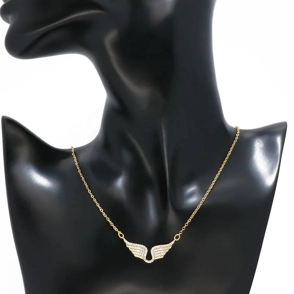 Delicate Women 24K Gold Plated Zircon Angel Wing Chain Pendant Necklace
