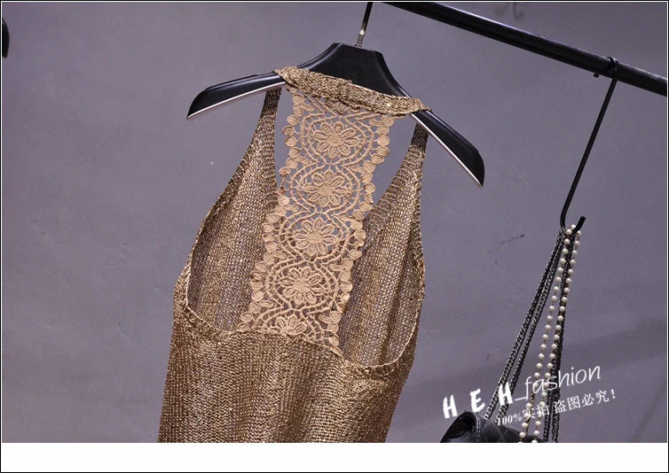 Yan Li  Sexy Shoulders and Heart Leakage Hang Sequined Jacket Neck Lace Knitting Wear Outside Hang Back  Sleeveless Top Women