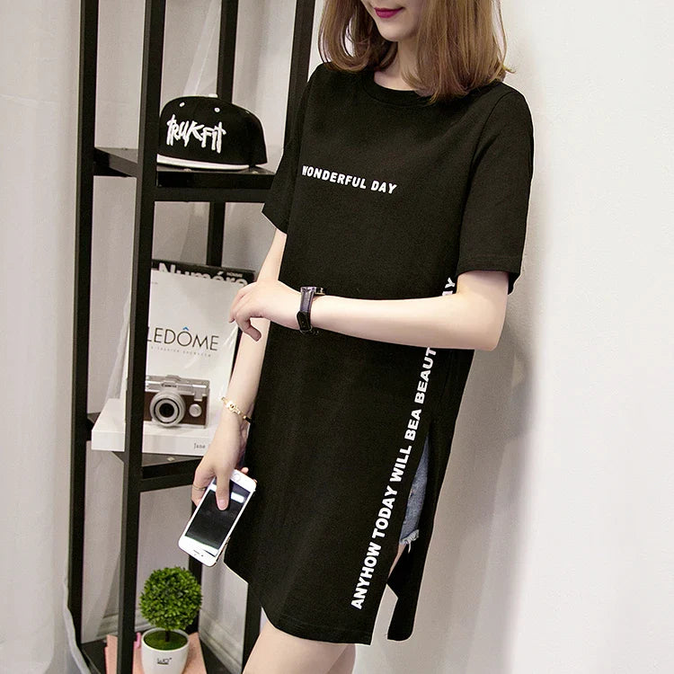 WONDERFUL DAY Print Long T shirts Summer Women Loose Slit Femme Tops  Tshirt Short sleeve Ladies t-shirt