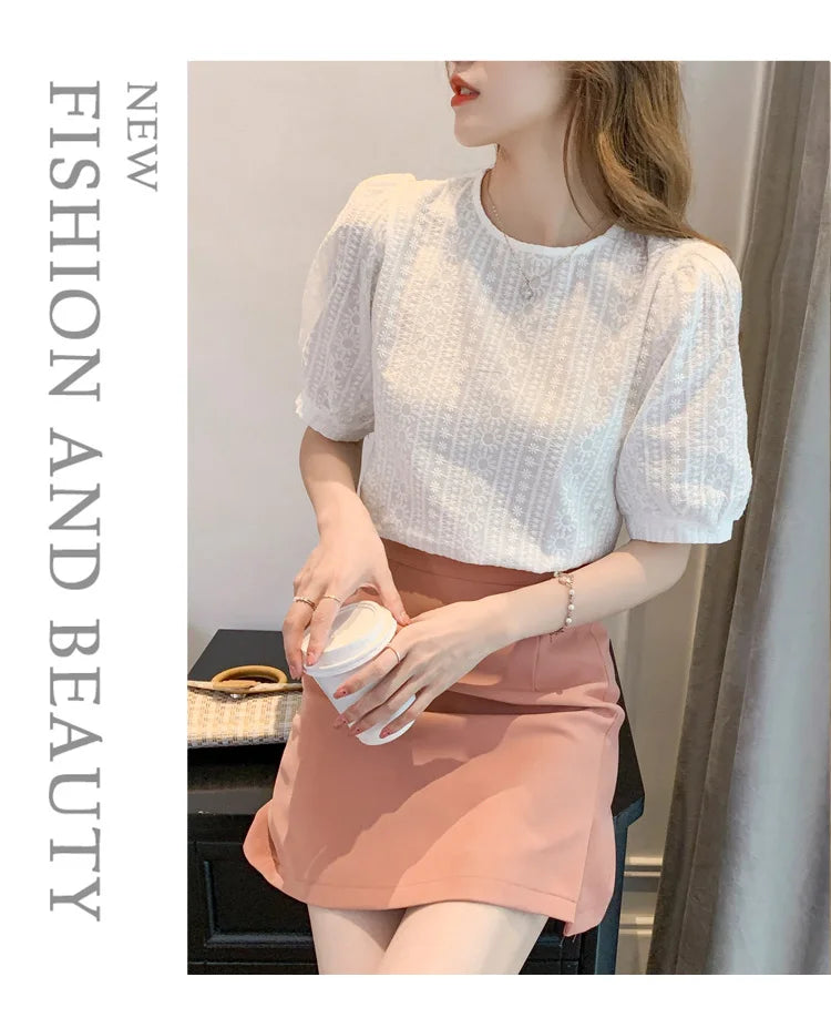 Korean Embroidery Floral Blouse Women Summer New Sweet Loose Lace Shirt Women's 2025 Short Sleeve O Neck Casual White Tops 15217