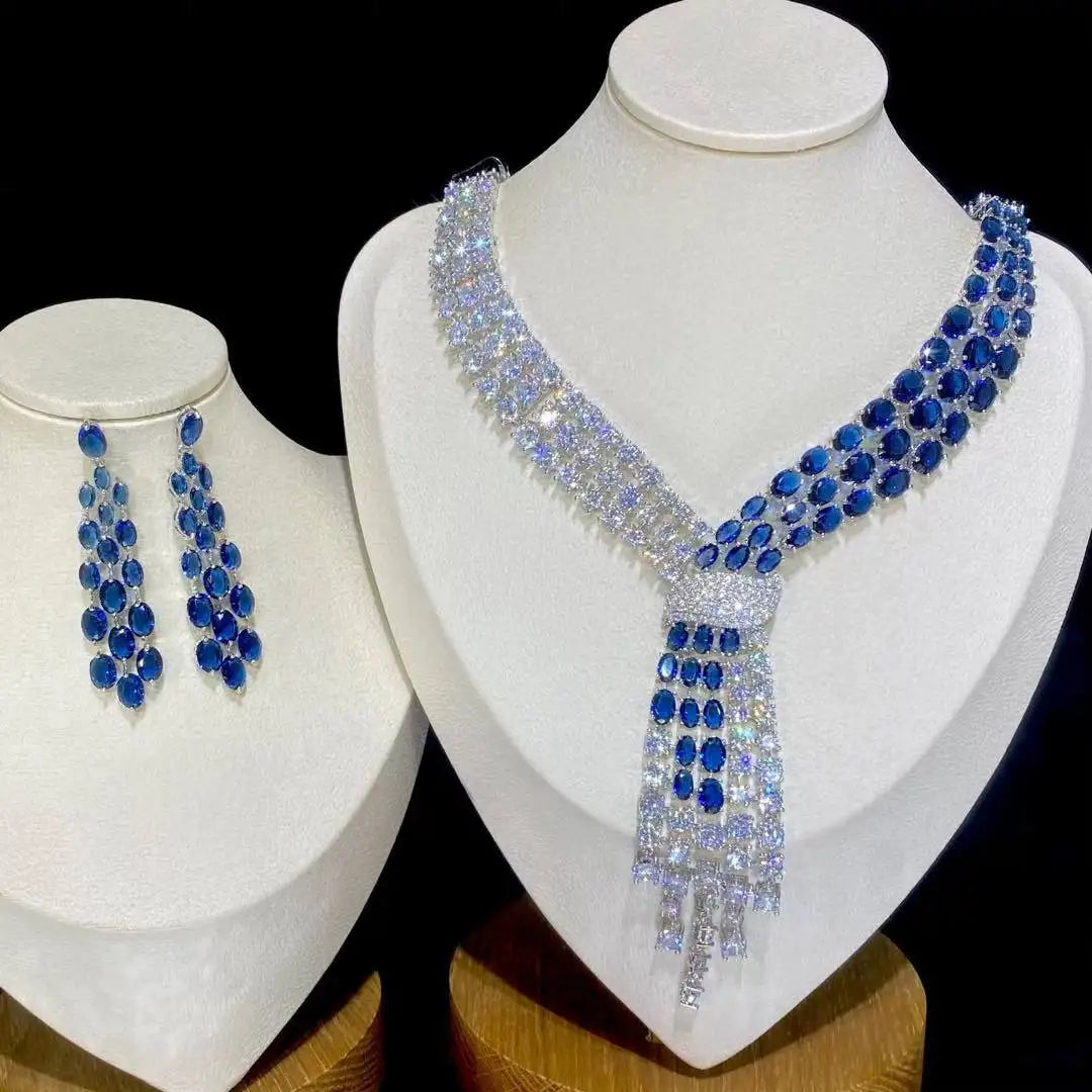 Luxury Blue 2 Piece Tassel Necklace Cubic Zircon Jewelry Set Women Wedding European Party Jewelry Set X0140