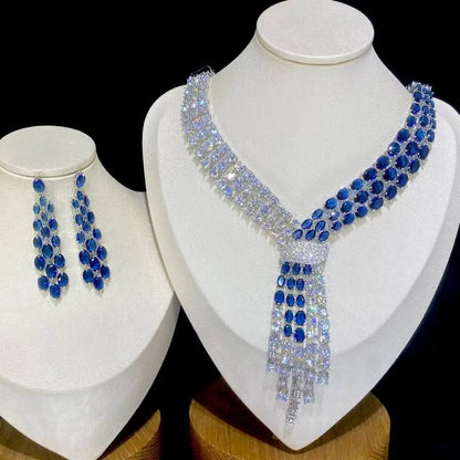 Luxury Blue 2 Piece Tassel Necklace Cubic Zircon Jewelry Set Women Wedding European Party Jewelry Set X0140