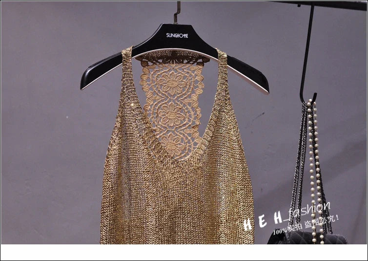 Yan Li  Sexy Shoulders and Heart Leakage Hang Sequined Jacket Neck Lace Knitting Wear Outside Hang Back  Sleeveless Top Women