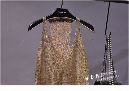 Yan Li  Sexy Shoulders and Heart Leakage Hang Sequined Jacket Neck Lace Knitting Wear Outside Hang Back  Sleeveless Top Women