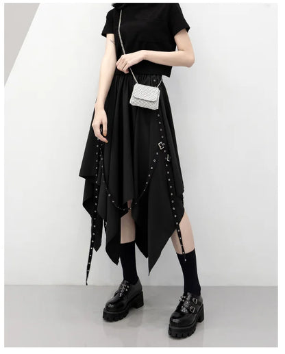Irregular Skirt Girl's New Dark Tie Street Punk Wind Weave Buckle Medium-length Y2k Gothic Long Skirt