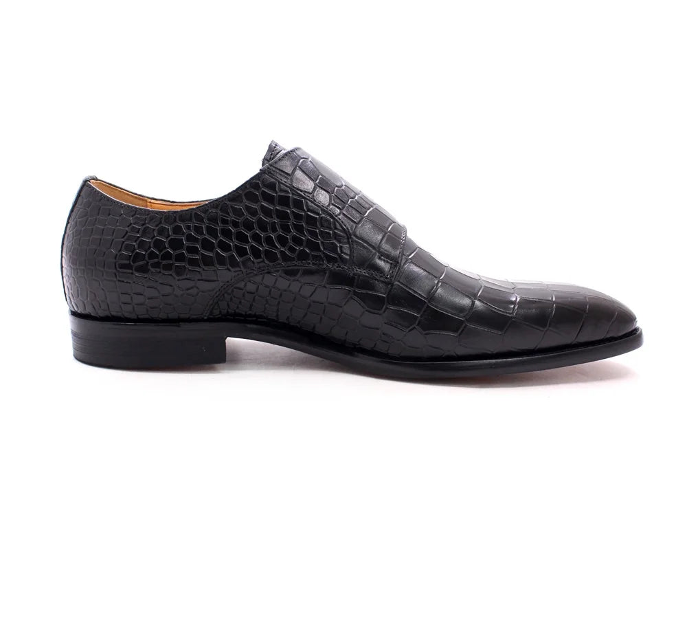 Men's Luxury Italian Real Leather Pointed Toe Double Buckle Formal Business Black Shoes Alligator Print for Business Casual Wear