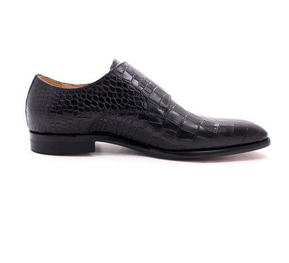 Men's Luxury Italian Real Leather Pointed Toe Double Buckle Formal Business Black Shoes Alligator Print for Business Casual Wear