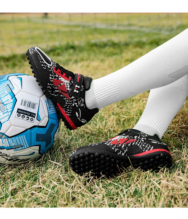 Children Football Shoes Soccer Boots Kids Boy Girl Sneakers New Leather High Top Soccer Cleats Training Outdoor Hook & Loop