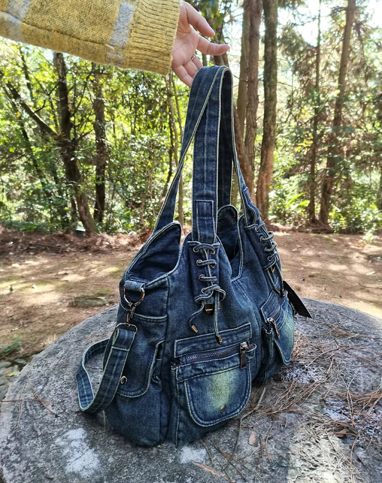 Women's Denim Bag Y2K Vintage Blue Jean Purse and Handbags Crossbody Shoulder Wallet Large Capacity