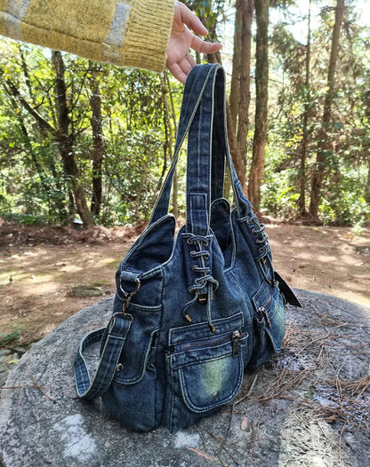 Women's Denim Bag Y2K Vintage Blue Jean Purse and Handbags Crossbody Shoulder Wallet Large Capacity
